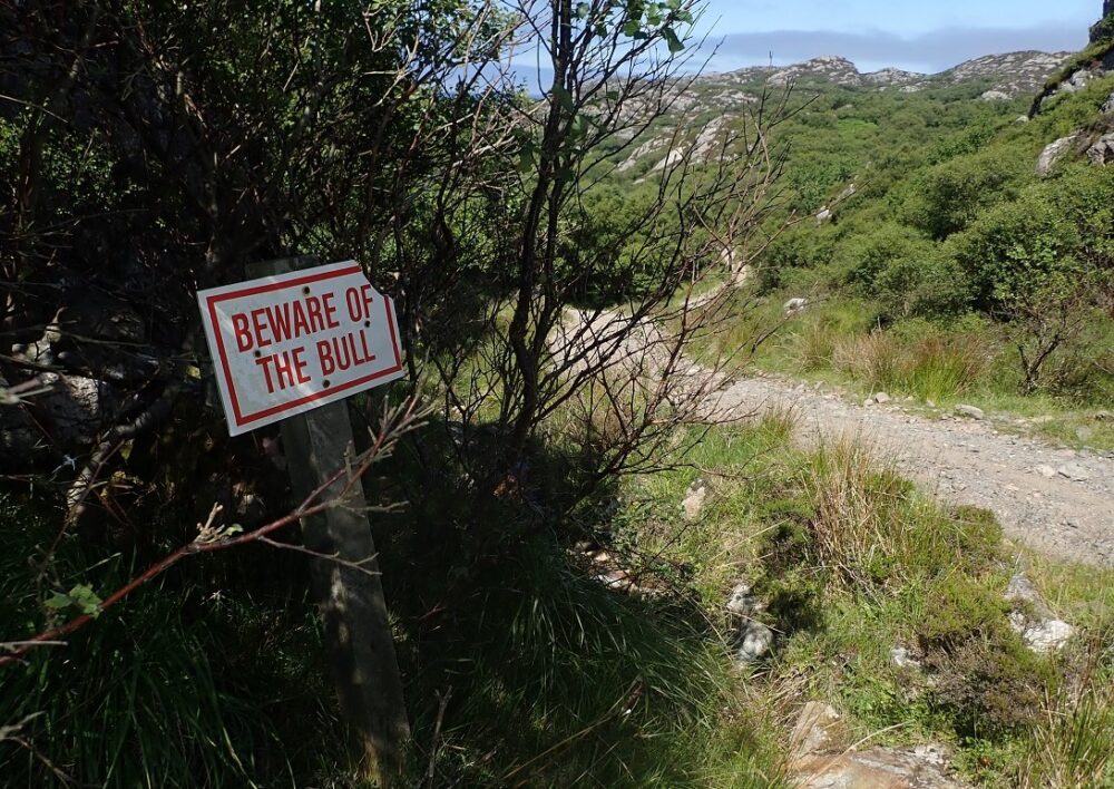 Beware of the bull sign at side of track