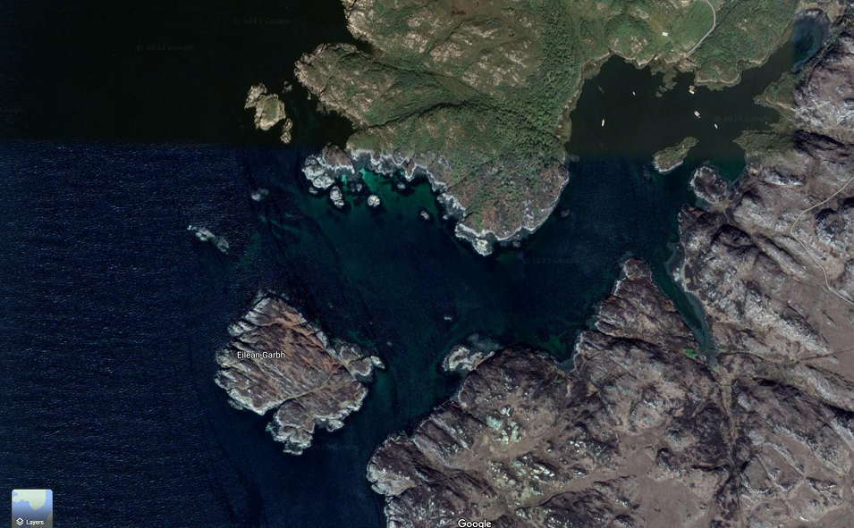 Overhead view of the anchorage Acaiseid Mhor on island of Rona